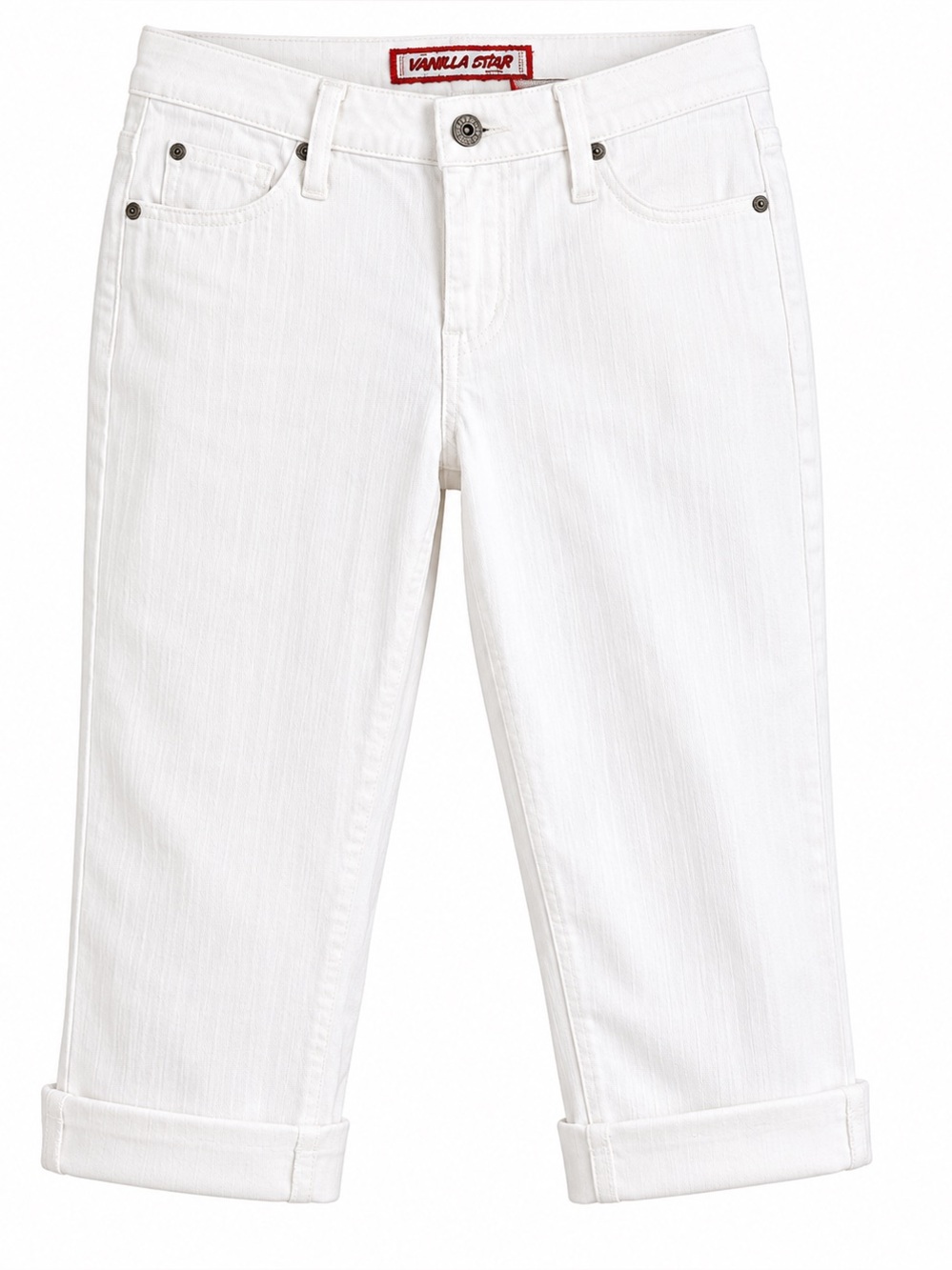Vanilla Star White Denim Capri Pants Size 11 With Blue Embroidered Back Pockets